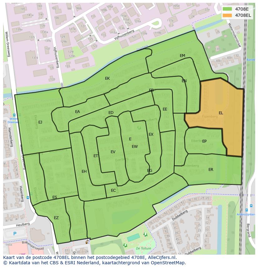 Afbeelding van het postcodegebied 4708 EL op de kaart.