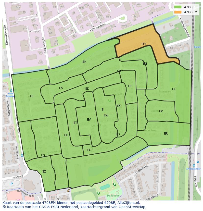 Afbeelding van het postcodegebied 4708 EM op de kaart.