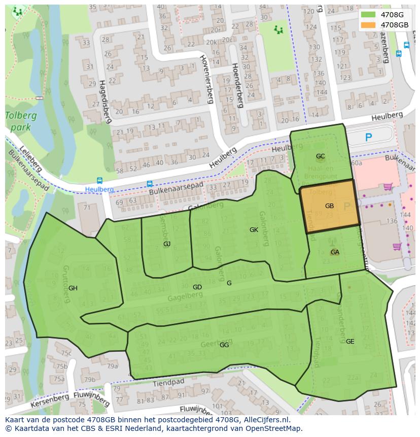 Afbeelding van het postcodegebied 4708 GB op de kaart.