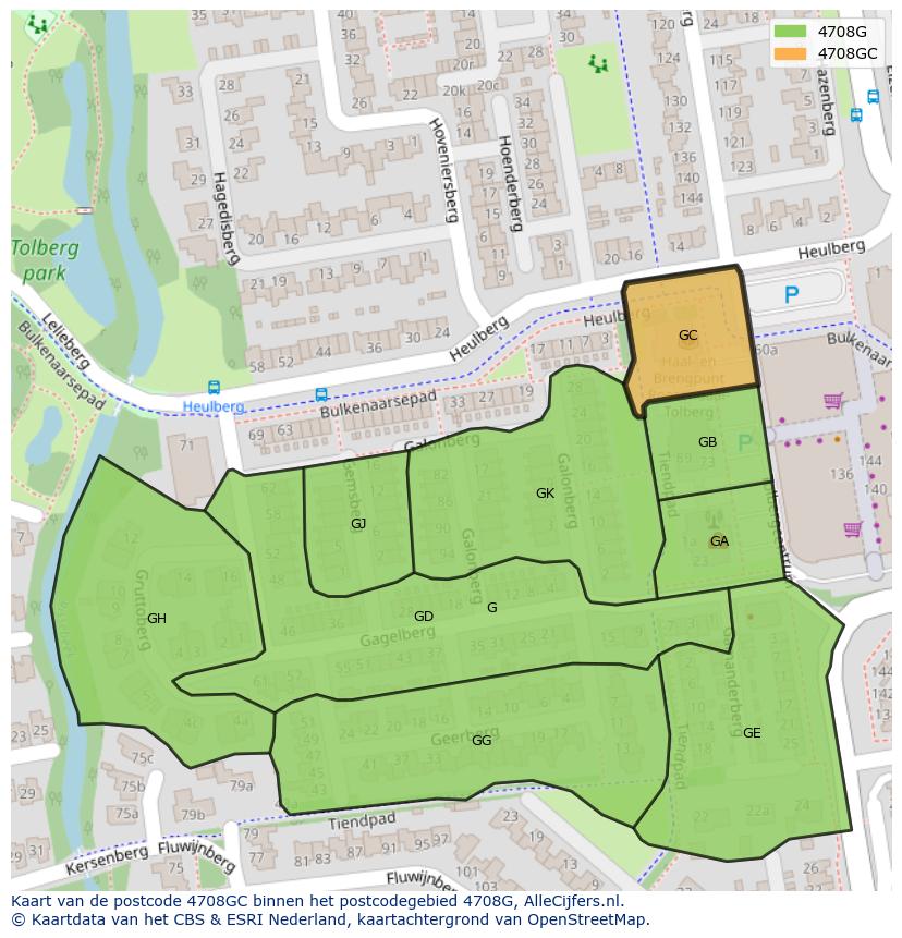 Afbeelding van het postcodegebied 4708 GC op de kaart.