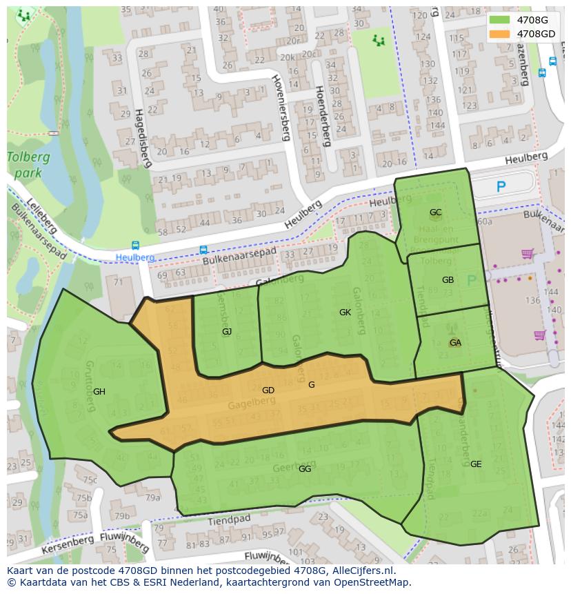 Afbeelding van het postcodegebied 4708 GD op de kaart.