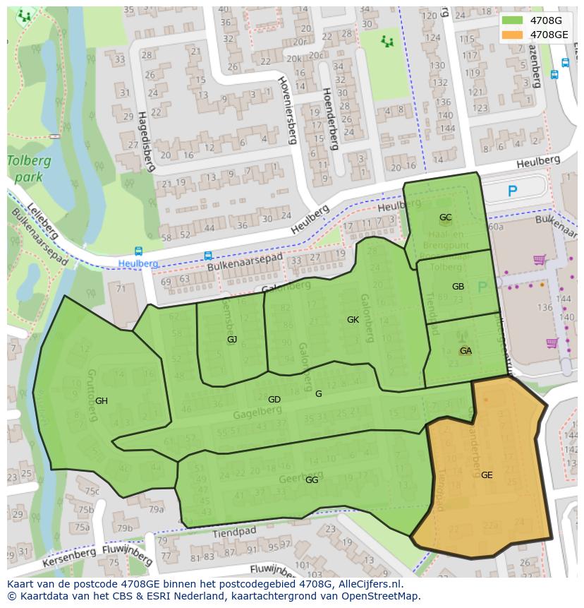 Afbeelding van het postcodegebied 4708 GE op de kaart.