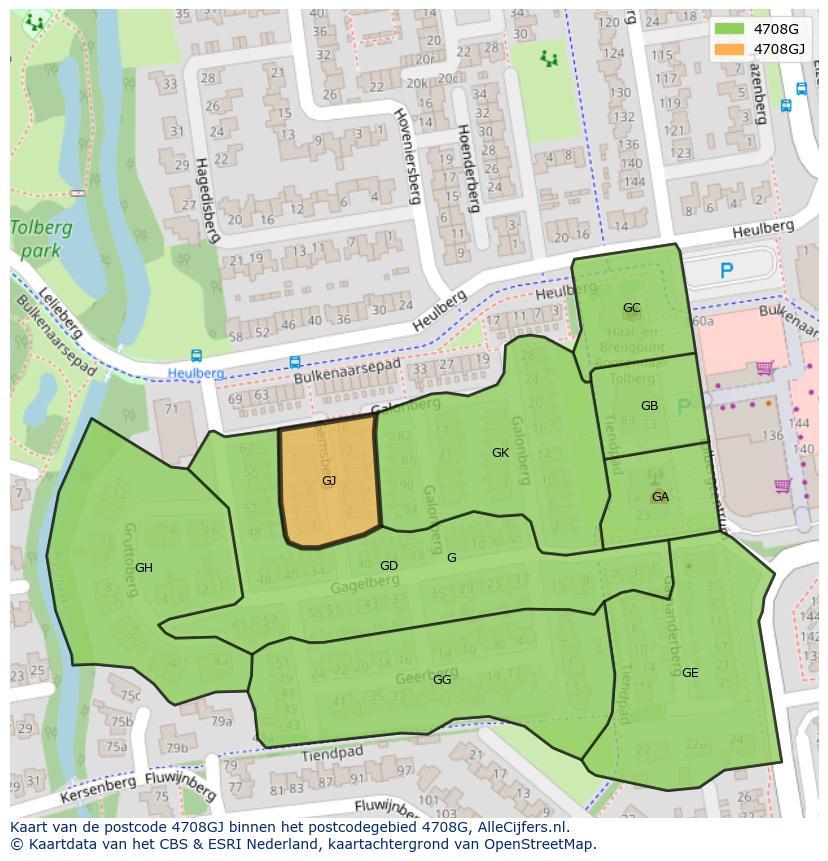 Afbeelding van het postcodegebied 4708 GJ op de kaart.