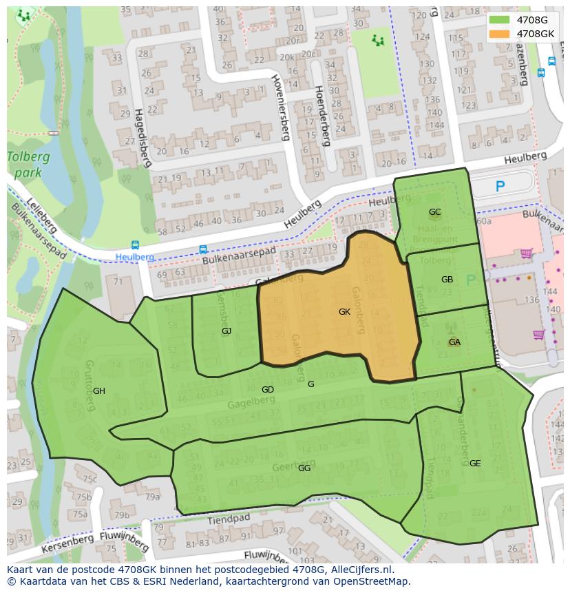 Afbeelding van het postcodegebied 4708 GK op de kaart.