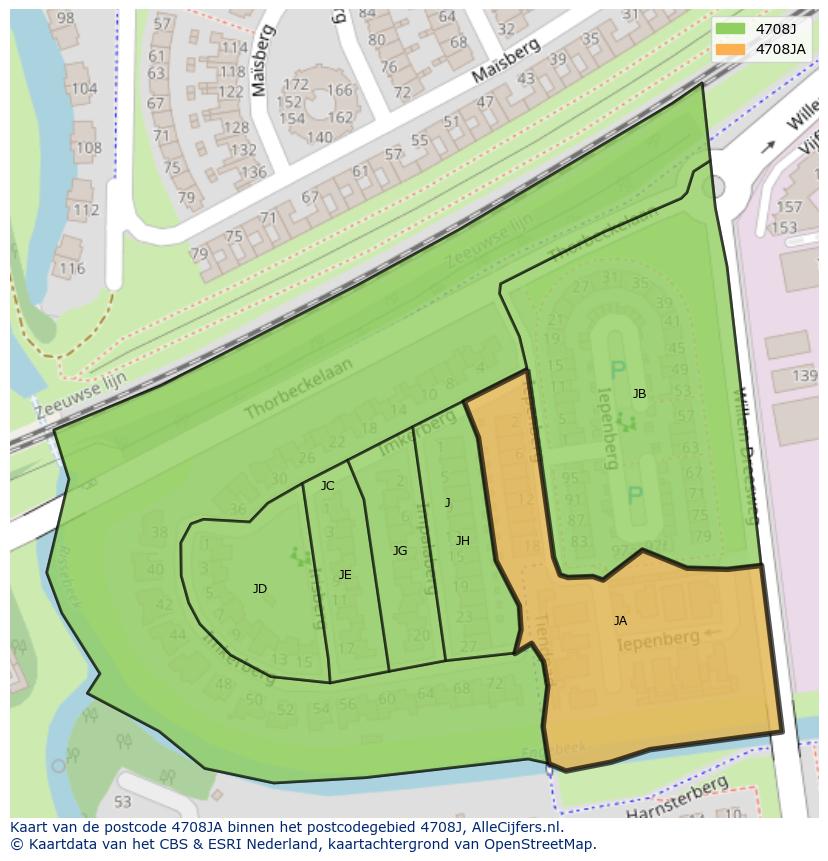 Afbeelding van het postcodegebied 4708 JA op de kaart.