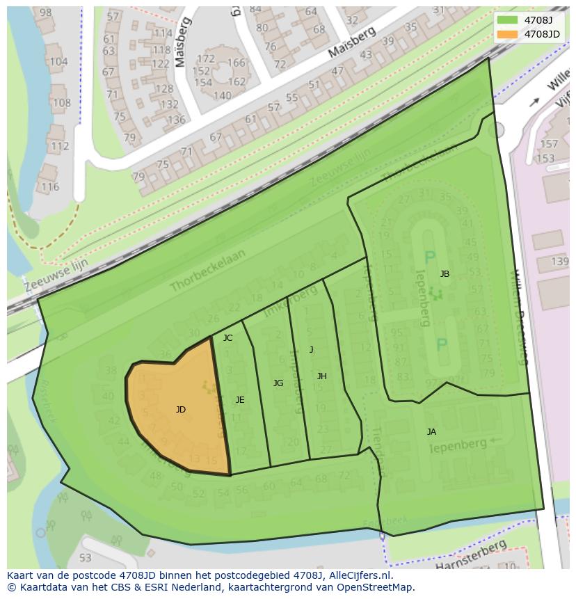 Afbeelding van het postcodegebied 4708 JD op de kaart.