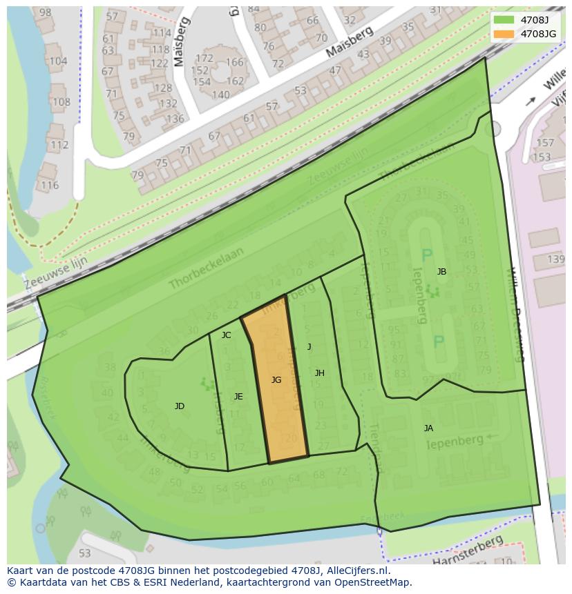 Afbeelding van het postcodegebied 4708 JG op de kaart.