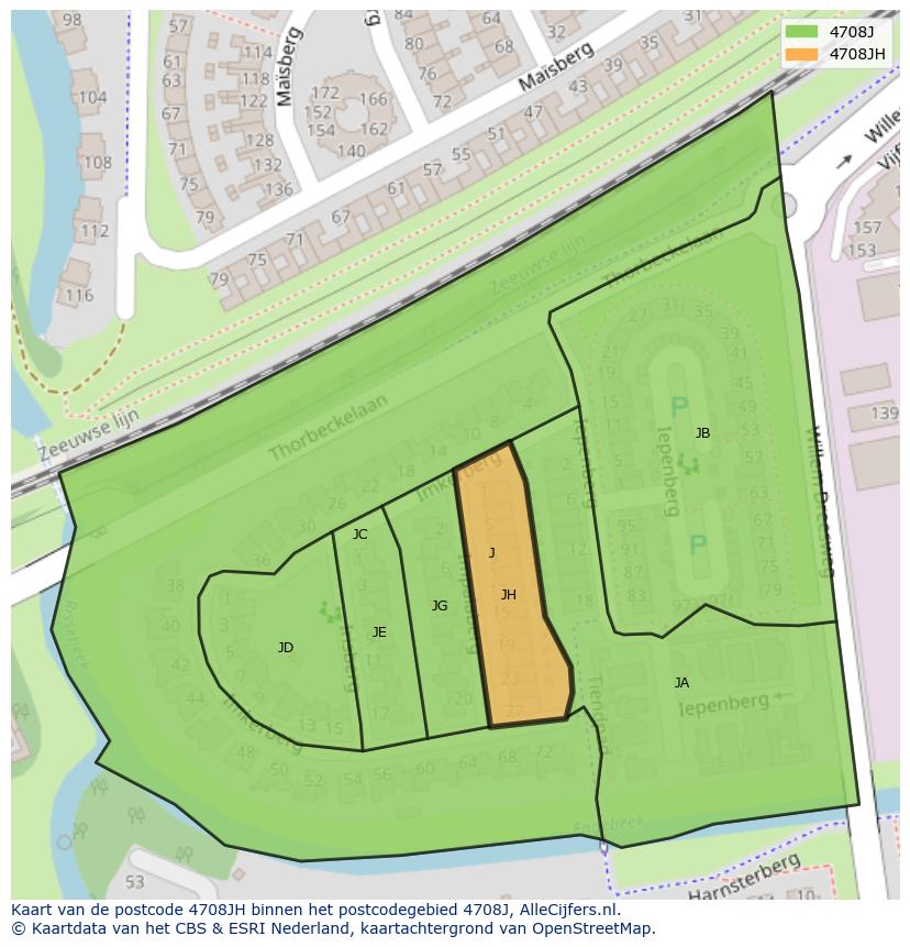 Afbeelding van het postcodegebied 4708 JH op de kaart.
