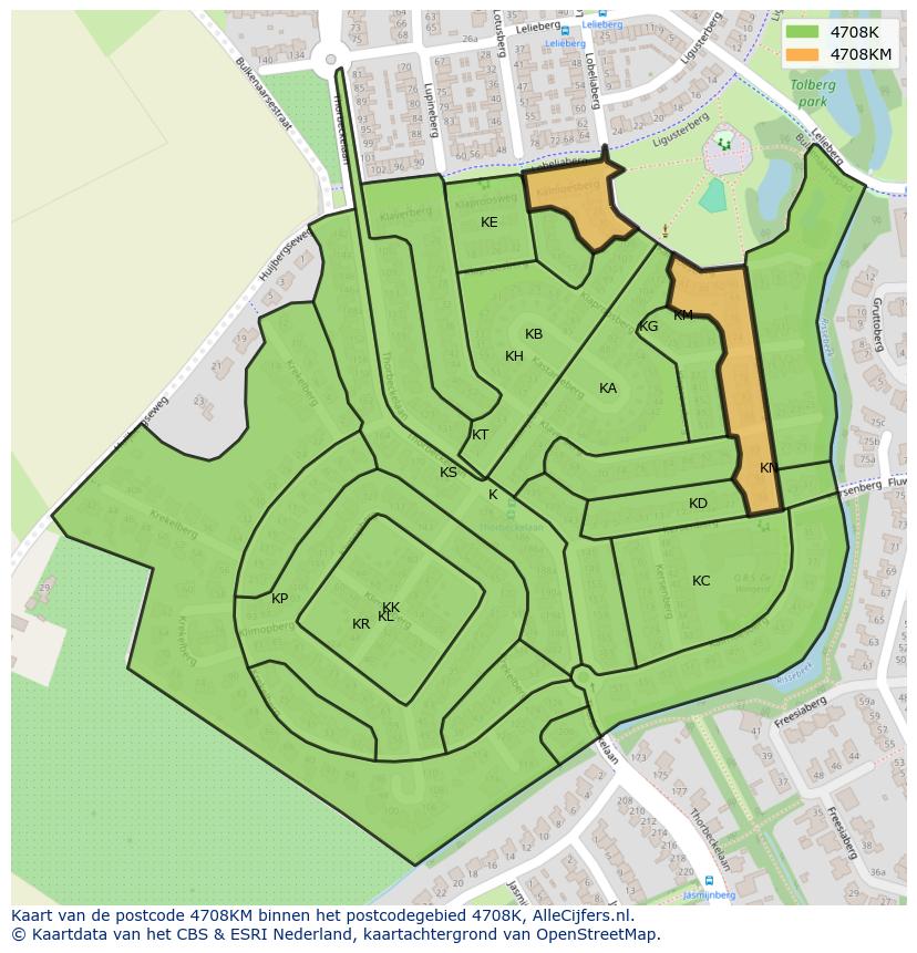 Afbeelding van het postcodegebied 4708 KM op de kaart.