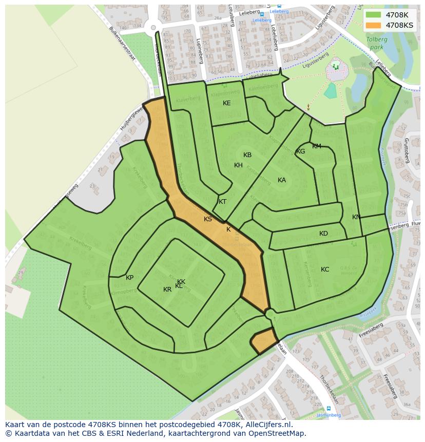 Afbeelding van het postcodegebied 4708 KS op de kaart.