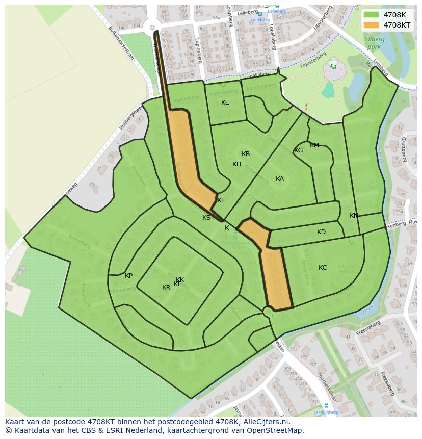 Afbeelding van het postcodegebied 4708 KT op de kaart.