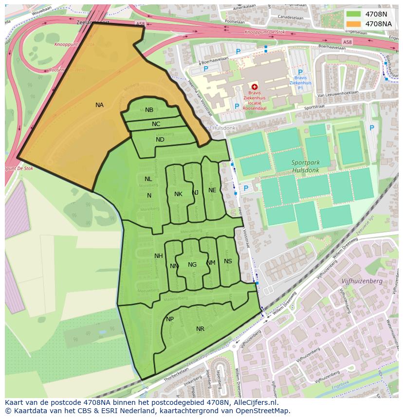 Afbeelding van het postcodegebied 4708 NA op de kaart.
