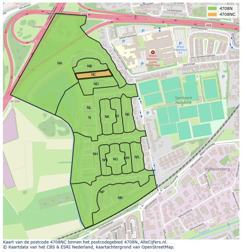Afbeelding van het postcodegebied 4708 NC op de kaart.