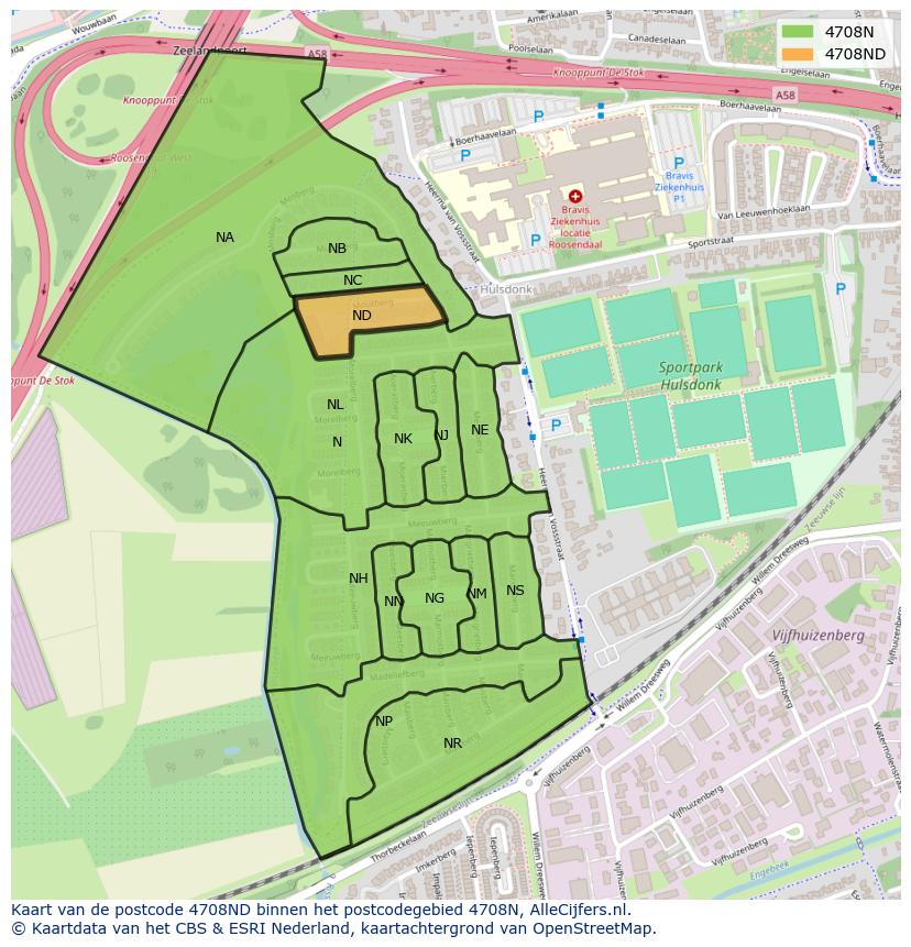 Afbeelding van het postcodegebied 4708 ND op de kaart.