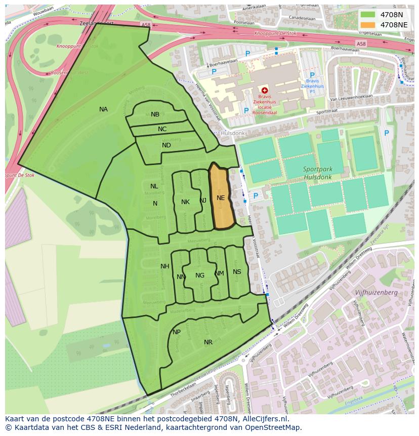 Afbeelding van het postcodegebied 4708 NE op de kaart.