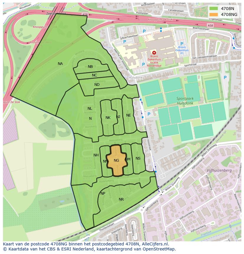 Afbeelding van het postcodegebied 4708 NG op de kaart.