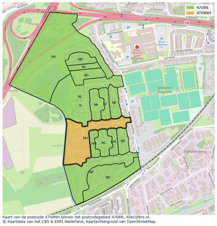 Afbeelding van het postcodegebied 4708 NH op de kaart.