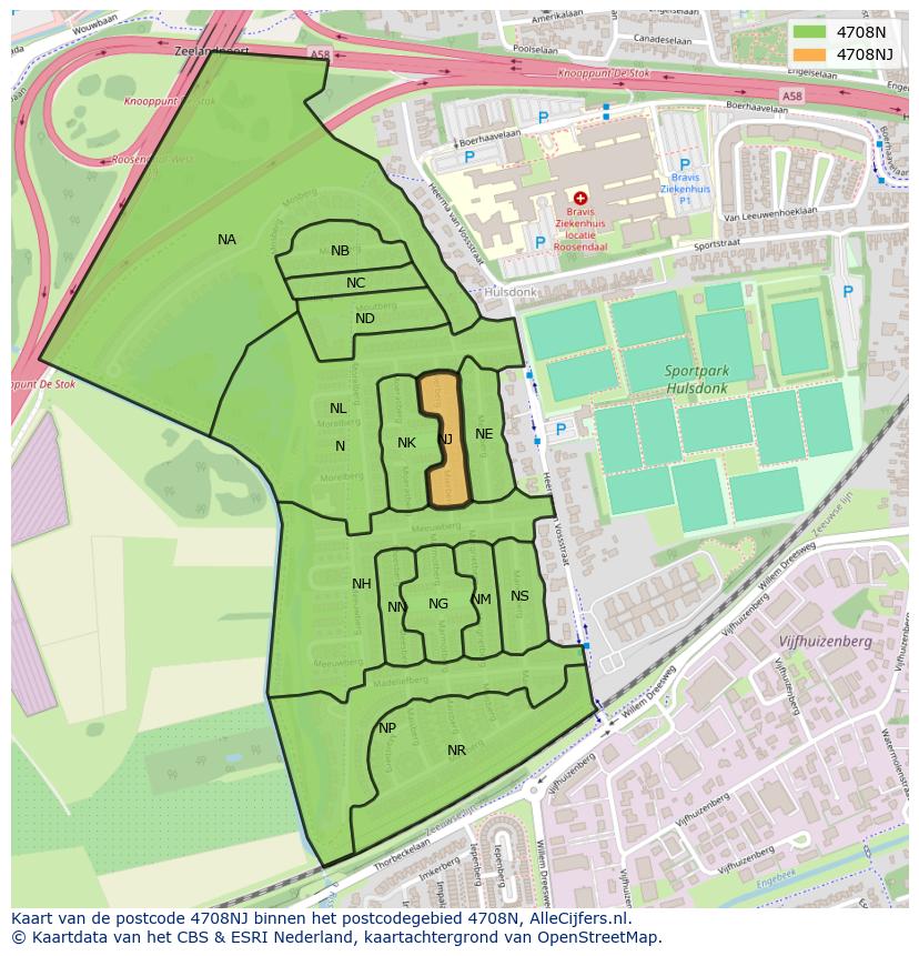 Afbeelding van het postcodegebied 4708 NJ op de kaart.