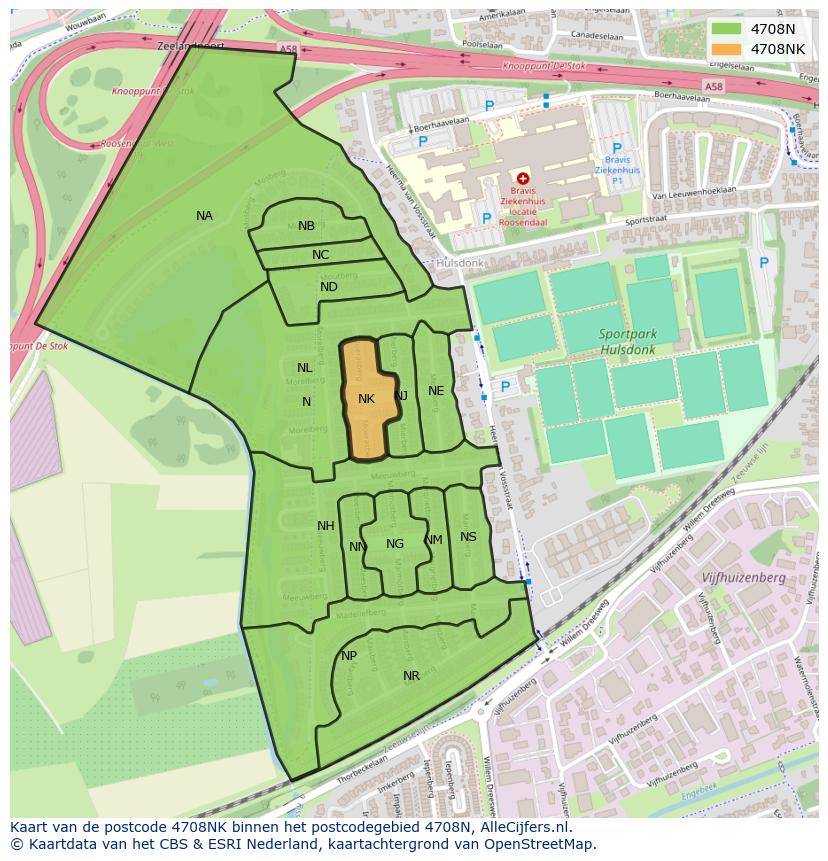Afbeelding van het postcodegebied 4708 NK op de kaart.