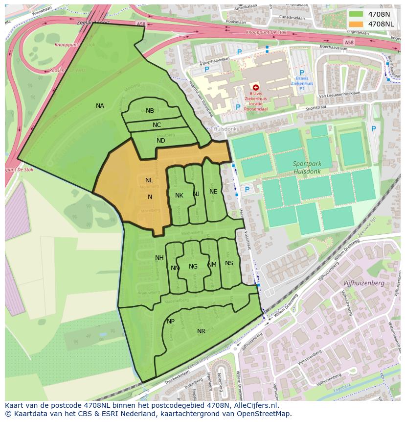 Afbeelding van het postcodegebied 4708 NL op de kaart.