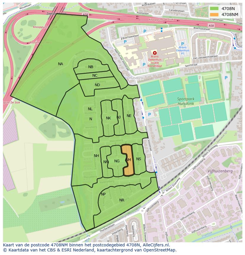 Afbeelding van het postcodegebied 4708 NM op de kaart.