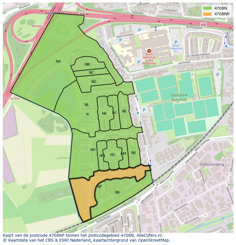Afbeelding van het postcodegebied 4708 NP op de kaart.