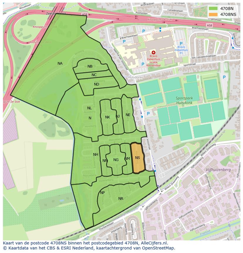 Afbeelding van het postcodegebied 4708 NS op de kaart.