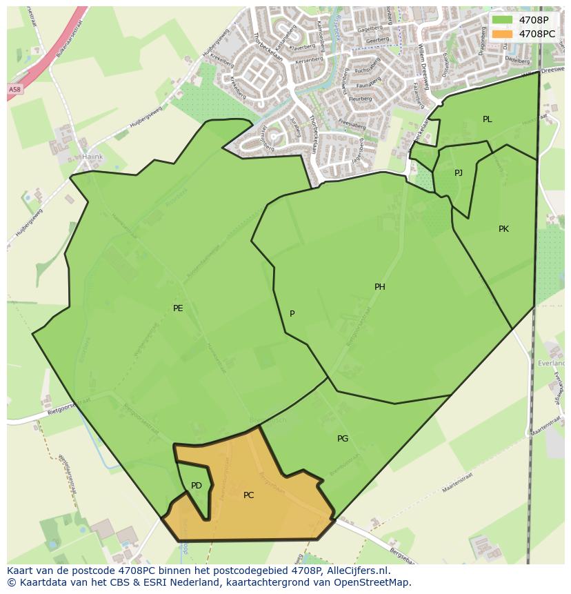 Afbeelding van het postcodegebied 4708 PC op de kaart.