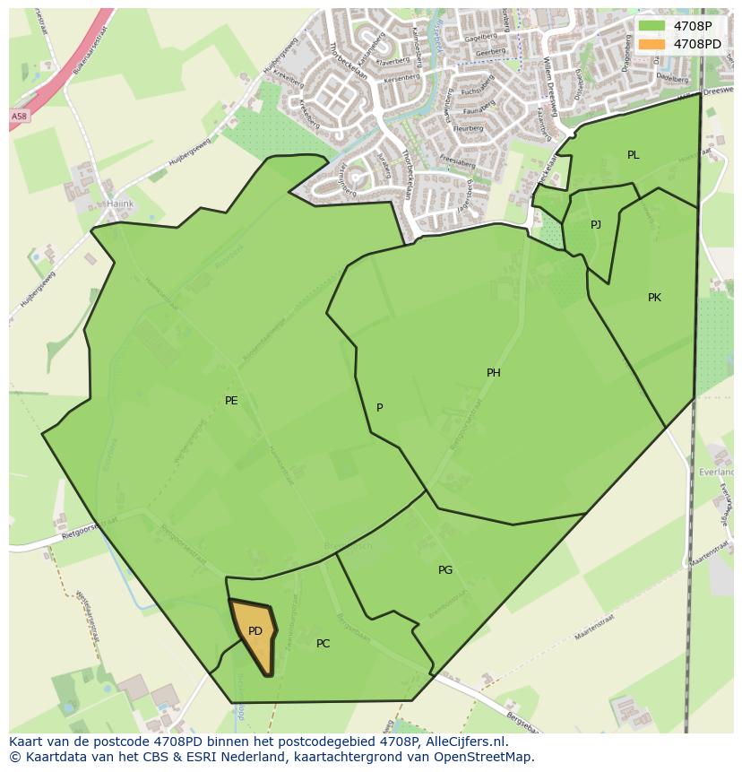 Afbeelding van het postcodegebied 4708 PD op de kaart.