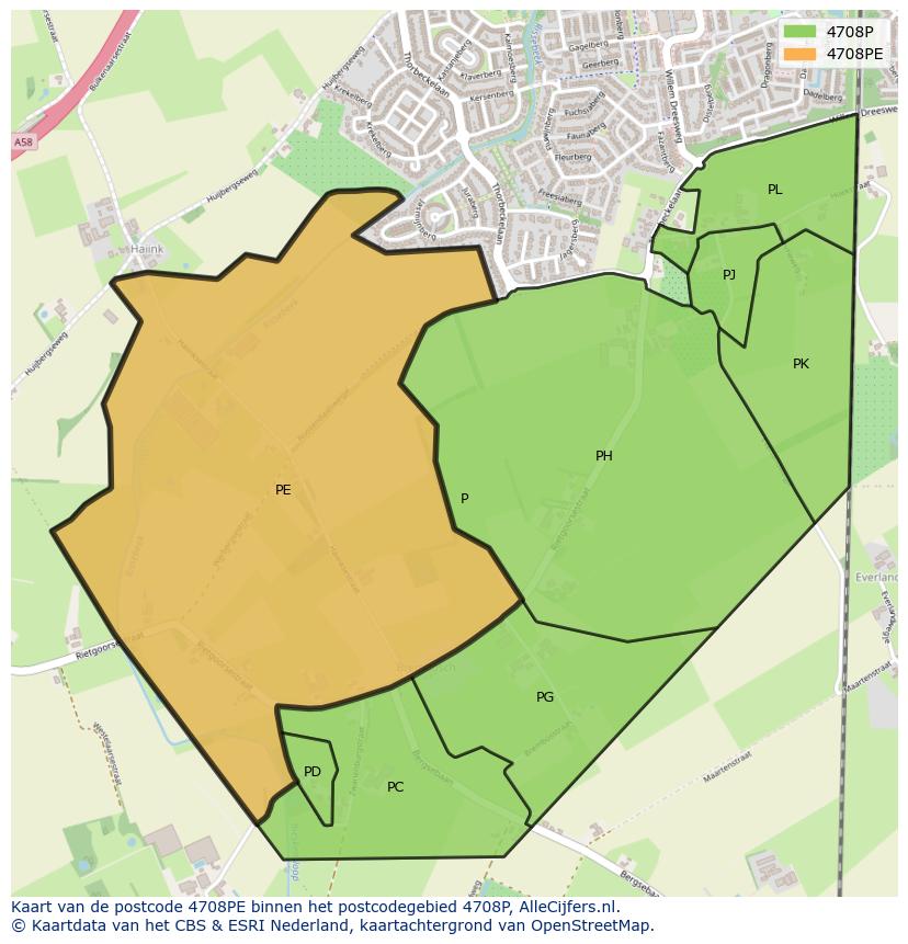 Afbeelding van het postcodegebied 4708 PE op de kaart.