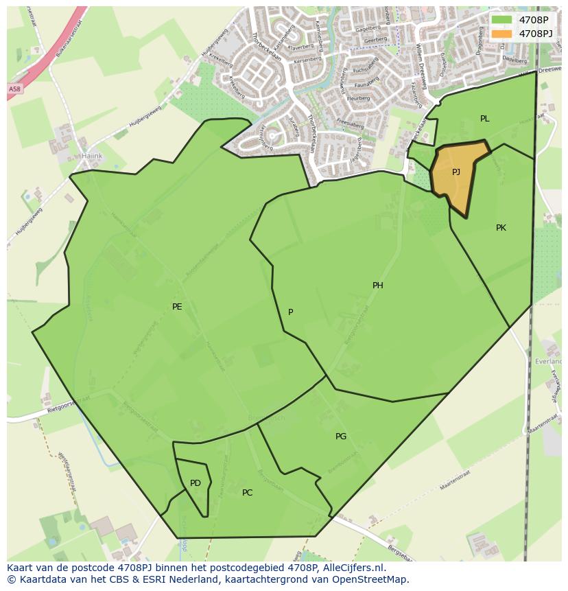 Afbeelding van het postcodegebied 4708 PJ op de kaart.