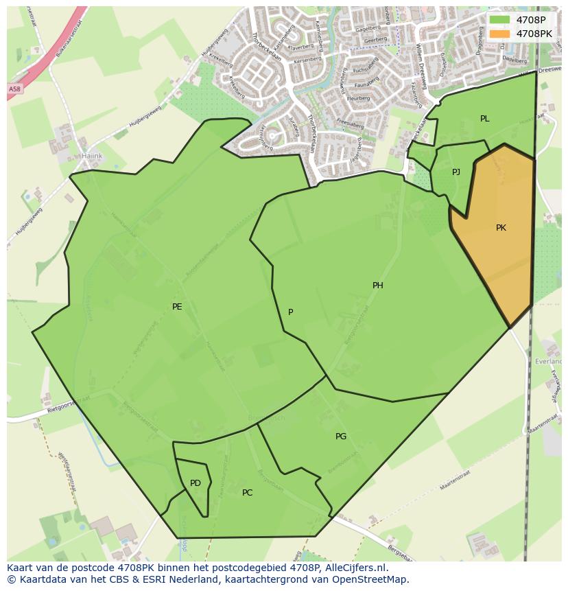 Afbeelding van het postcodegebied 4708 PK op de kaart.