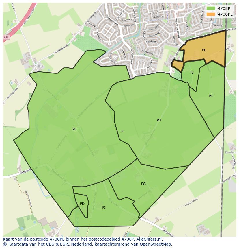 Afbeelding van het postcodegebied 4708 PL op de kaart.