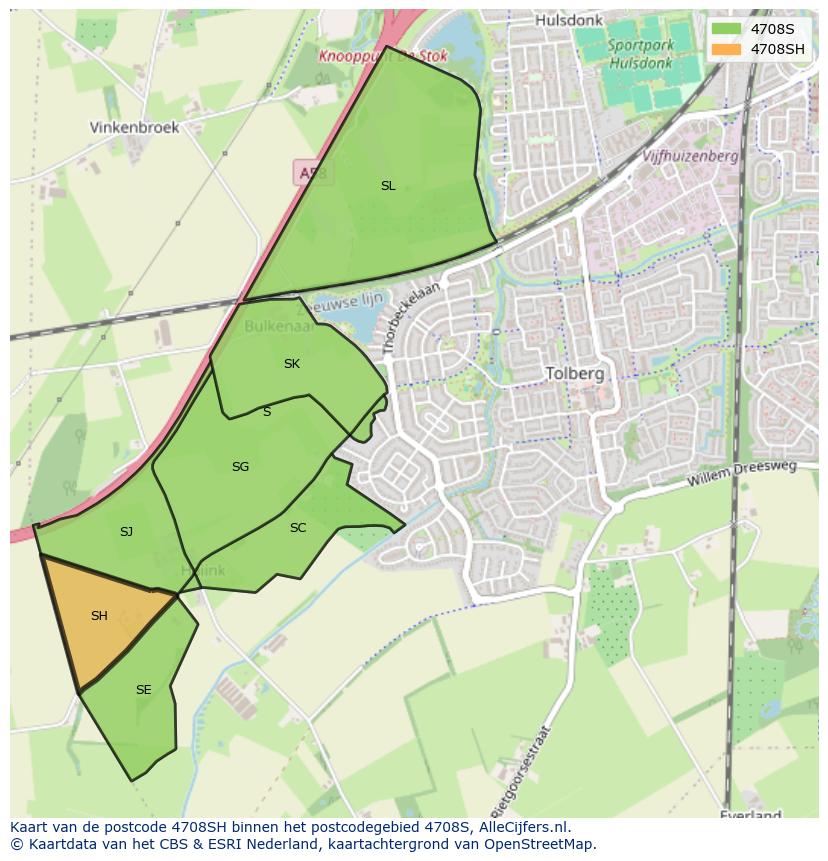Afbeelding van het postcodegebied 4708 SH op de kaart.