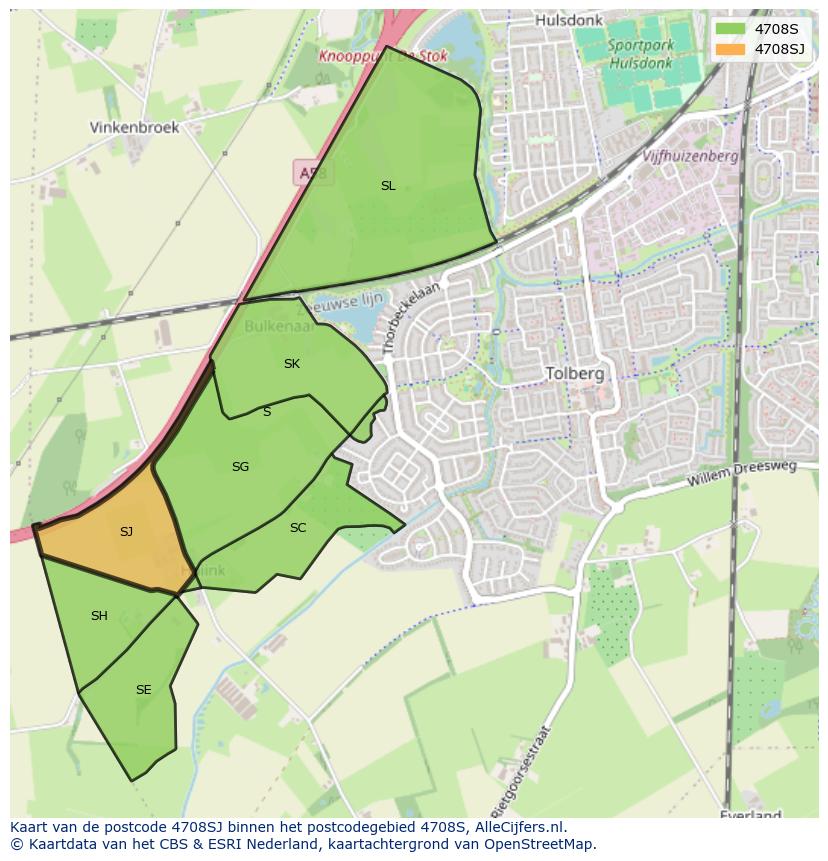 Afbeelding van het postcodegebied 4708 SJ op de kaart.