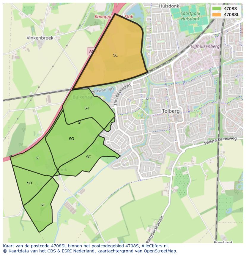 Afbeelding van het postcodegebied 4708 SL op de kaart.