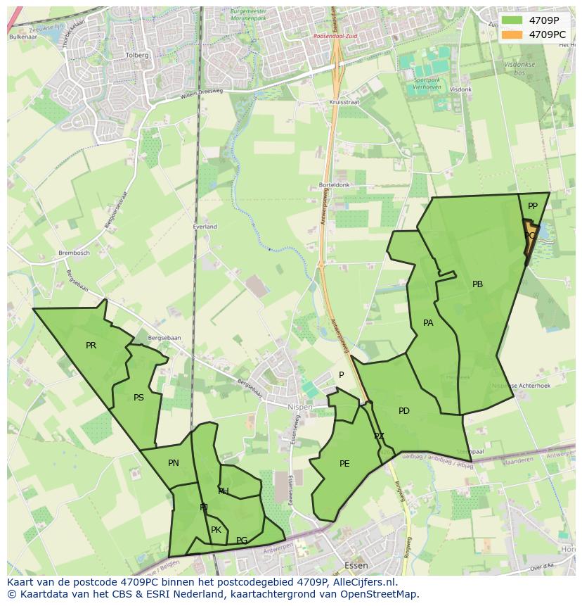 Afbeelding van het postcodegebied 4709 PC op de kaart.