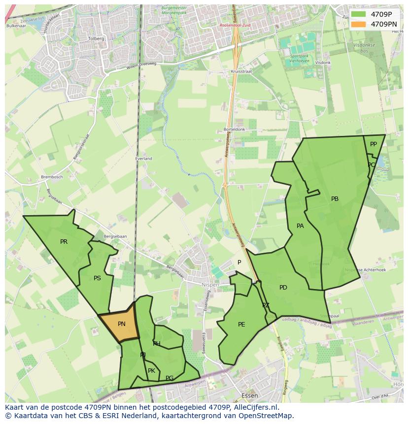 Afbeelding van het postcodegebied 4709 PN op de kaart.