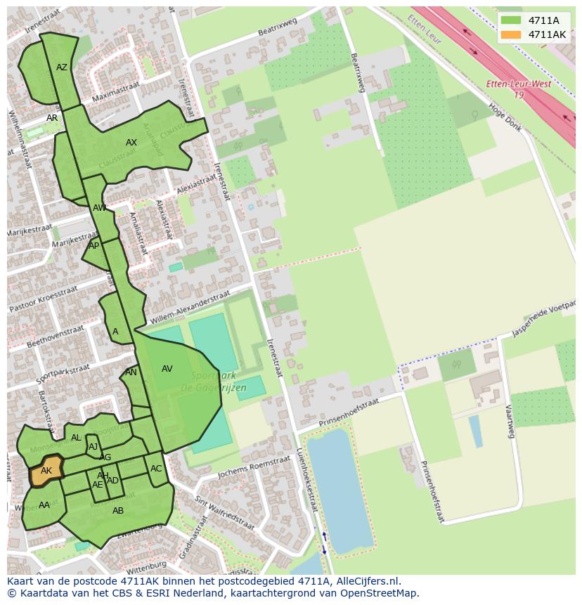 Afbeelding van het postcodegebied 4711 AK op de kaart.