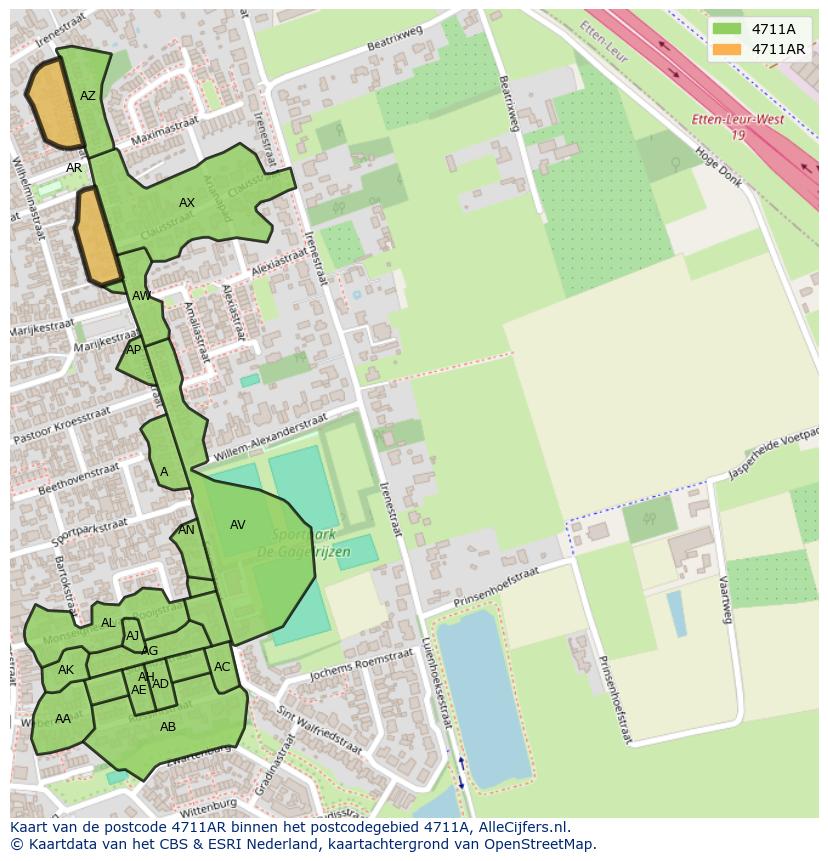 Afbeelding van het postcodegebied 4711 AR op de kaart.
