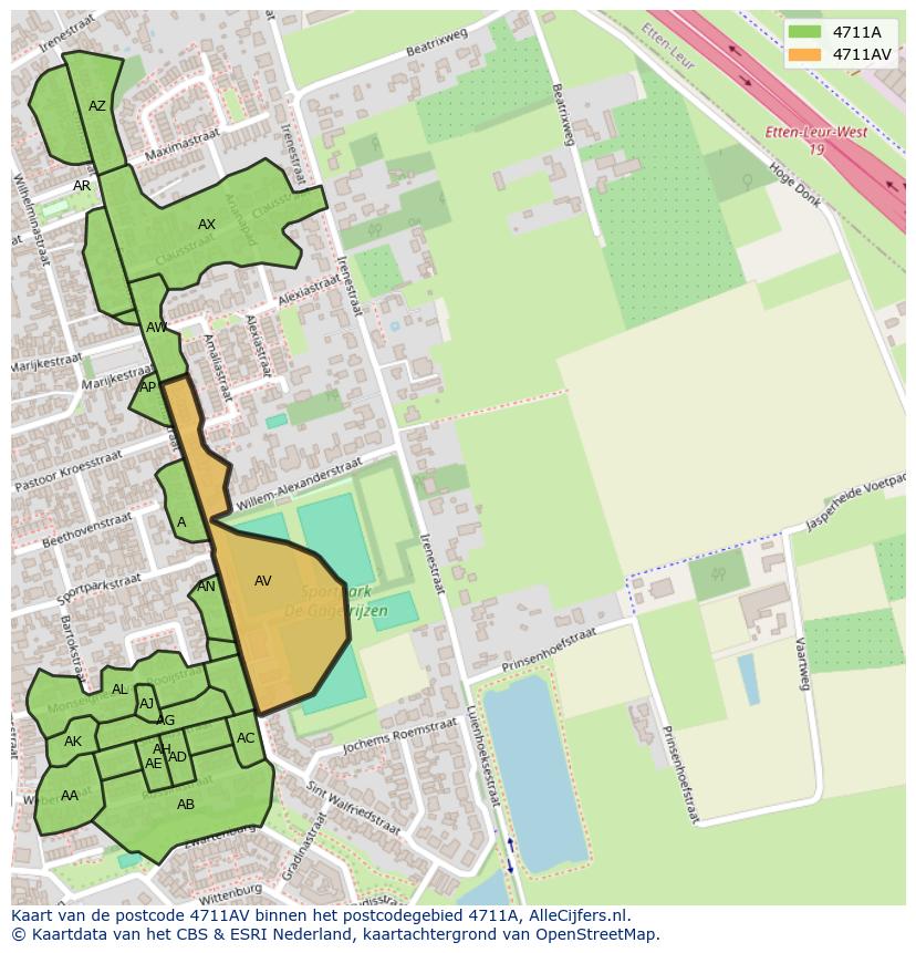 Afbeelding van het postcodegebied 4711 AV op de kaart.