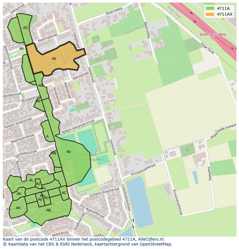 Afbeelding van het postcodegebied 4711 AX op de kaart.