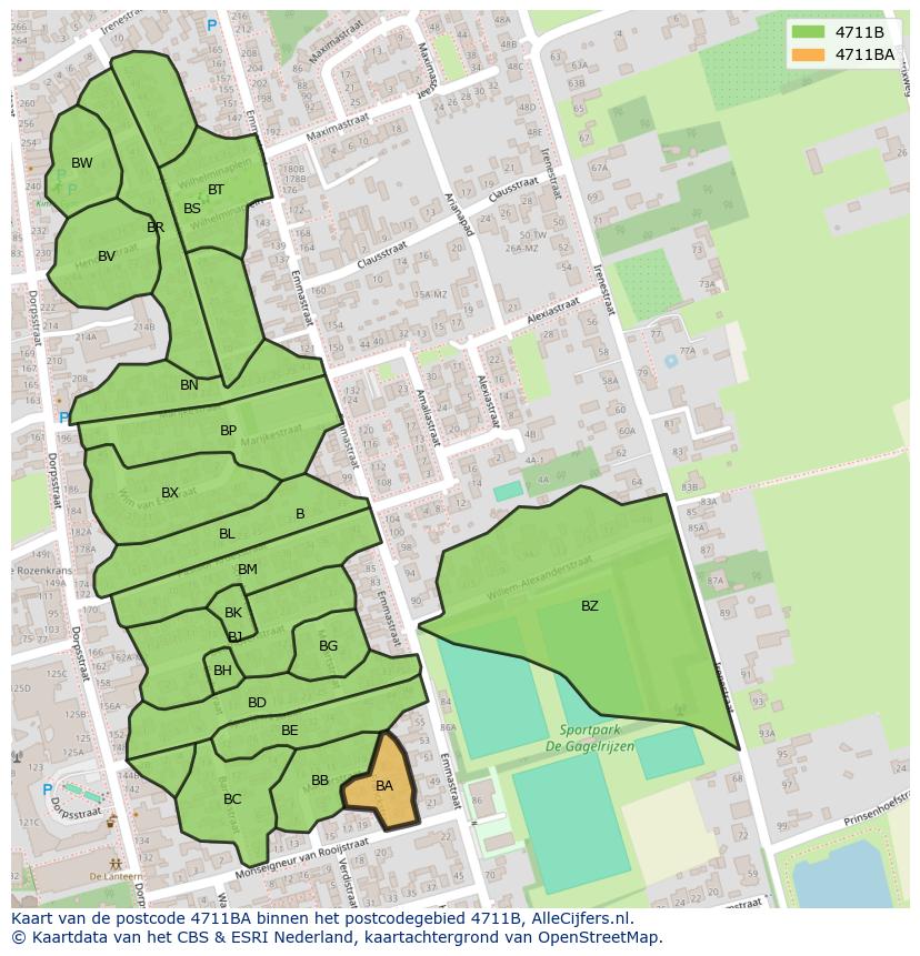 Afbeelding van het postcodegebied 4711 BA op de kaart.