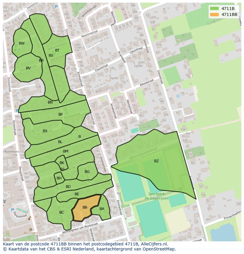 Afbeelding van het postcodegebied 4711 BB op de kaart.