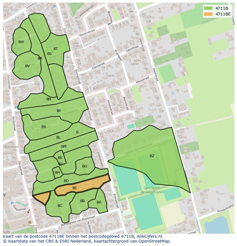 Afbeelding van het postcodegebied 4711 BE op de kaart.