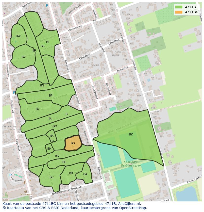 Afbeelding van het postcodegebied 4711 BG op de kaart.