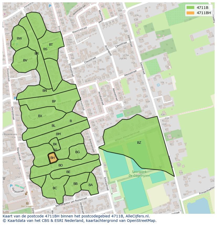 Afbeelding van het postcodegebied 4711 BH op de kaart.