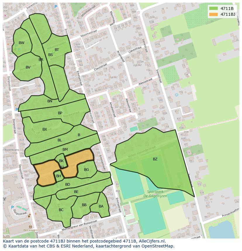 Afbeelding van het postcodegebied 4711 BJ op de kaart.