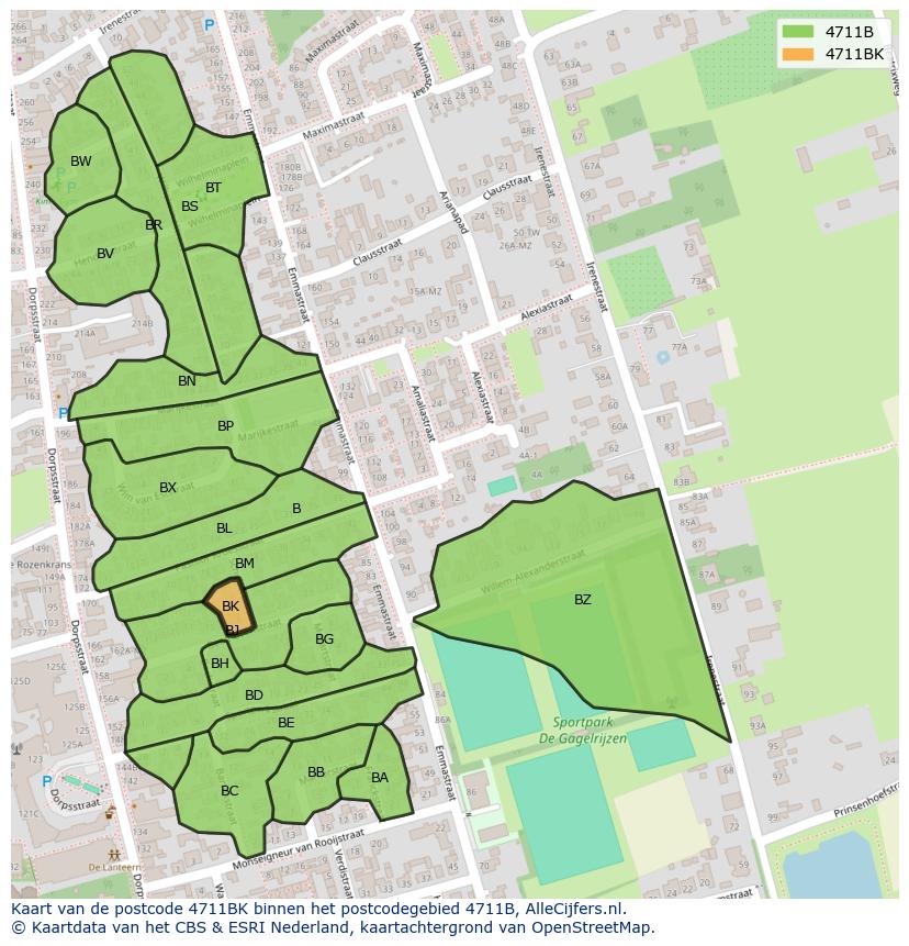 Afbeelding van het postcodegebied 4711 BK op de kaart.