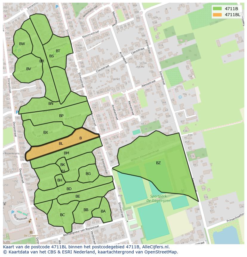 Afbeelding van het postcodegebied 4711 BL op de kaart.